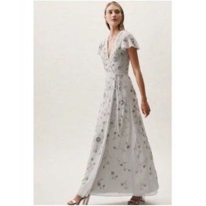 Anthropologie BHLDN Plymouth Bridal Wrap Dress Light Gray Floral Sequin Flutter